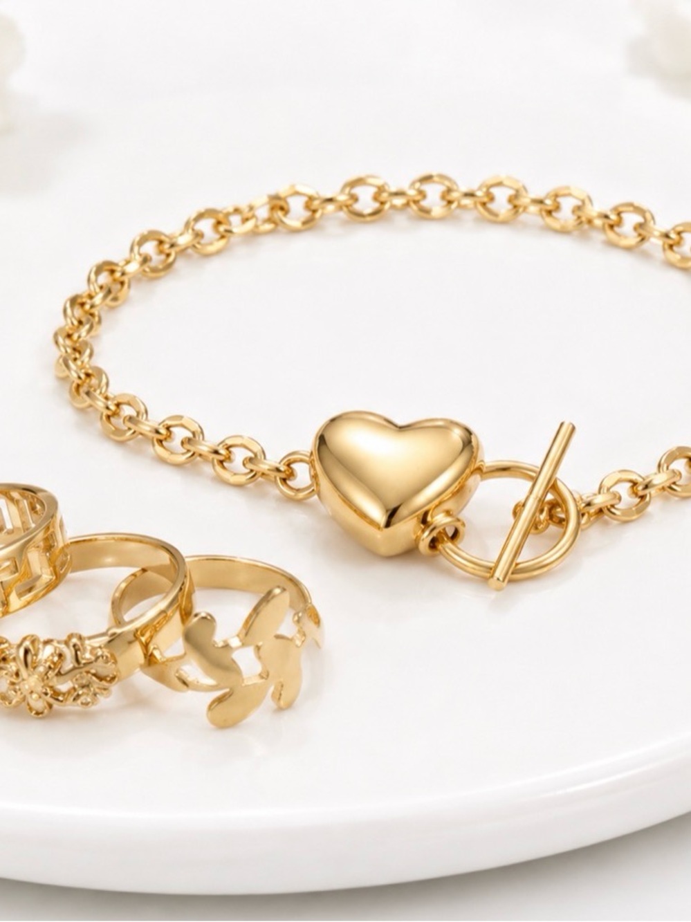 Boutique Gold Heart Bracelet & 3 Ring Set | Gift Ready
